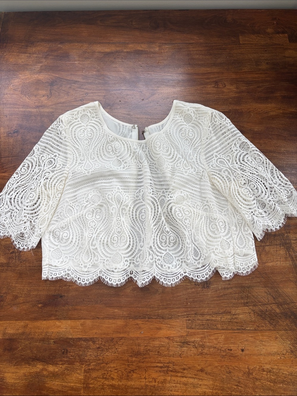Vintage Bebe White Sheer Lace Scalloped Crop Top Short Sleeve - Size XS